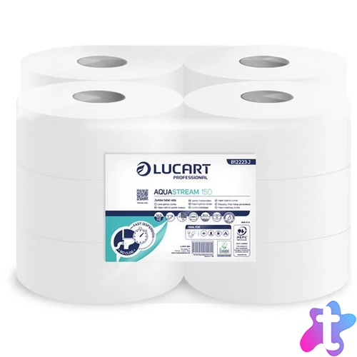 Toalettpapír, 2 rétegű, nagytekercses, 150 m, 19 cm átmérő, LUCART "Aquastream 150", fehér