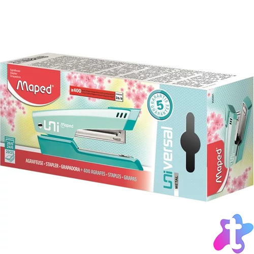 Tűzőgép, 24/6, 26/6, 20 lap, MAPED "Universal Metal Half-Strip Pastel", pasztell türkiz