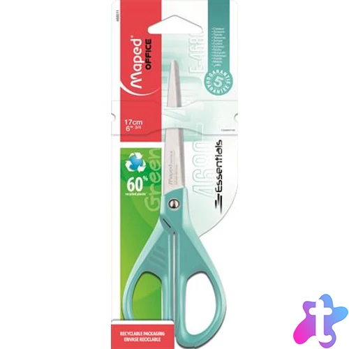 Olló, irodai, 17 cm, MAPED "Essentials Green", türkizkék