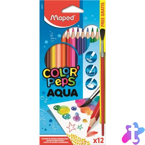 Akvarell ceruza készlet, háromszögletű, ecsettel, MAPED "Color`Peps", 12 különböző szín