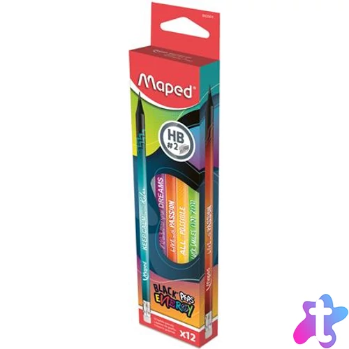 Grafitceruza radírral, HB, háromszögletű, MAPED "Black`Peps Energy", 6 különböző minta
