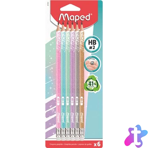 Grafitceruza radírral, HB, háromszögletű, MAPED "Black`Peps Glitter Deco", vegyes pasztell színek
