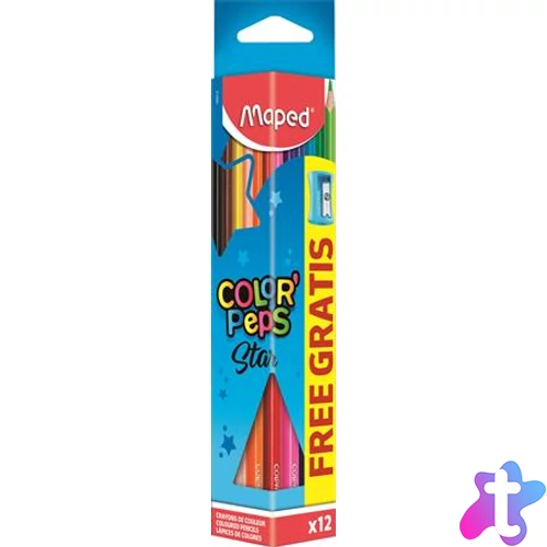 Színes ceruza készlet, háromszögletű, hegyezővel, MAPED "Color`Peps Star", 12 különböző szín