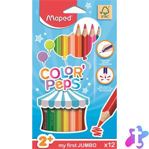Színes ceruza készlet, háromszögletű, vastag, MAPED "Jumbo", 12 különböző szín