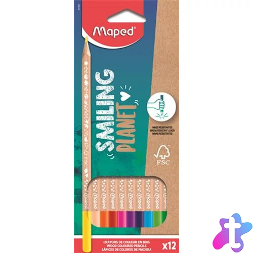 Színes ceruza készlet, háromszögletű, FSC, MAPED "Smiling Planet", 12 különböző szín