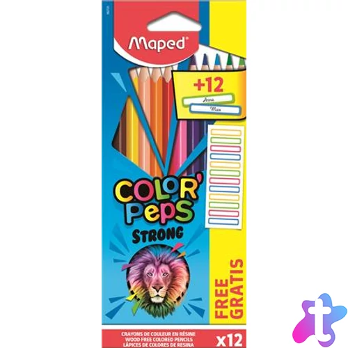 Színes ceruza készlet, háromszögletű, MAPED, "Color`Peps Strong" 12 különböző szín + 12 ajándék matrica