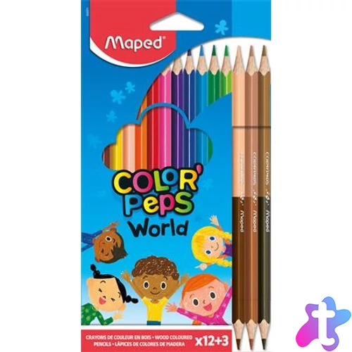 Színes ceruza készlet, háromszögletű, MAPED "Color`Peps World", 12 különböző szín + 3 kétvégű bőrtónus ceruza
