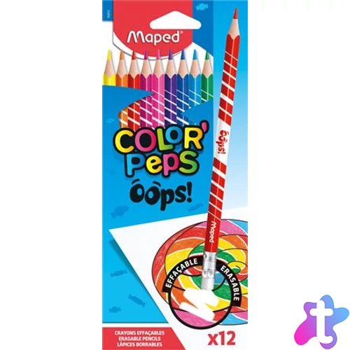 Színes ceruza készlet, háromszögletű, radírozható, MAPED "Color`Peps Oops", 12 különböző szín