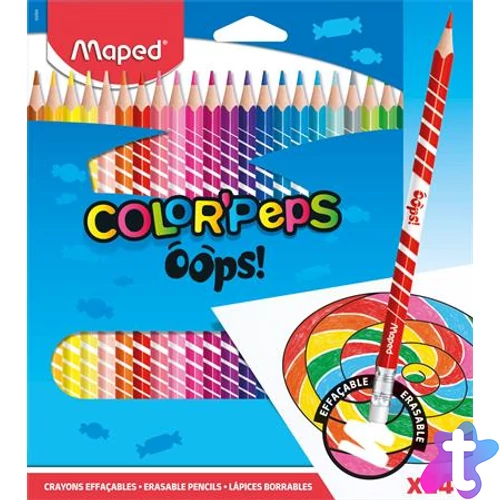 Színes ceruza készlet, háromszögletű, radírozható, MAPED "Color`Peps Oops", 24 különböző szín