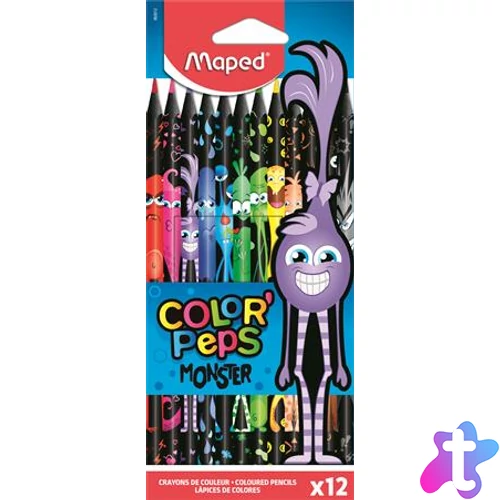 Színes ceruza készlet, háromszögletű, MAPED "Color`Peps Monster", 12 különböző szín