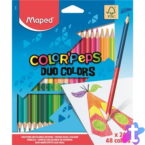 Színes ceruza készlet, háromszögletű, kétvégű, MAPED "Color`Peps Duo", 48 különböző szín