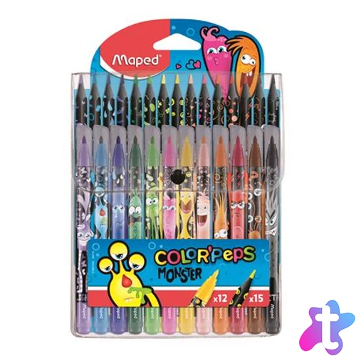 Filctoll és színes ceruza készlet, MAPED "Color`Peps Monster" 12+15 különböző szín