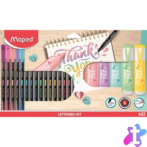 Kalligrafikus készlet, 22 darabos, MAPED "Lettering Set", 6 szövegkiemelő + 16 tűfilc különböző színekben