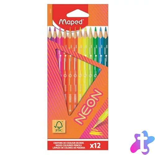 Színes ceruza készlet, háromszögletű, MAPED "Neon", 12 különböző szín
