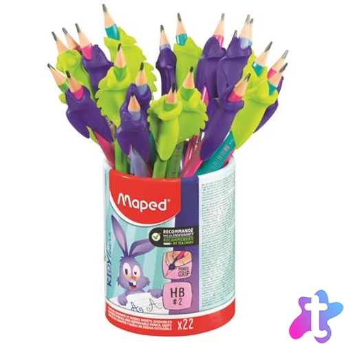 Írástanuló grafitceruza radírral, ceruzatartó, HB, háromszögletű, ceruzafogóval, MAPED "Kidy Learn", vegyes színek