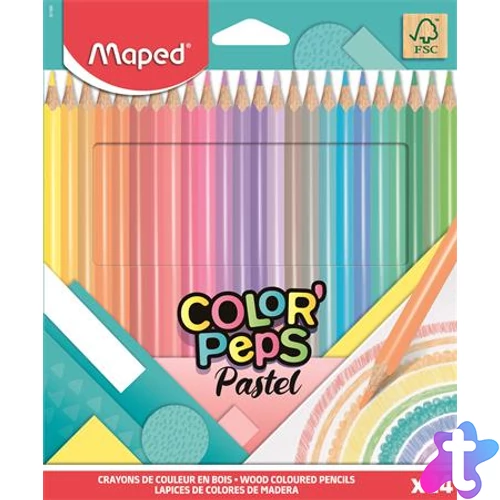 Színes ceruza készlet, háromszögletű, MAPED "Color`Peps Pastel", 24 különböző pasztell szín