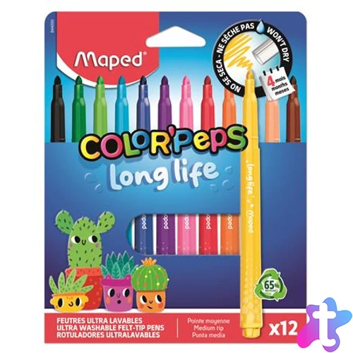 Filctoll készlet, 3,7 mm, kimosható, MAPED „Color`Peps Long Life 2”, 12 különböző szín