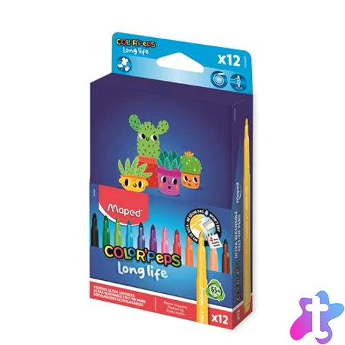 Filctoll készlet, 3,7 mm, kimosható, dobozos, MAPED „Color`Peps Long Life 2”, 12 különböző szín
