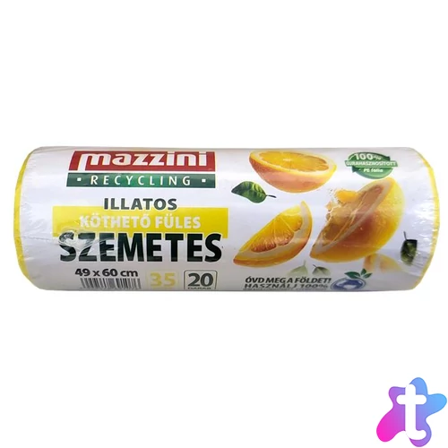 Szemeteszsák, újrahasznosított, köthető füles, illatosított, 35 l, 20 db, 49x60 cm, 10 µ, MAZZINI, citrus illat