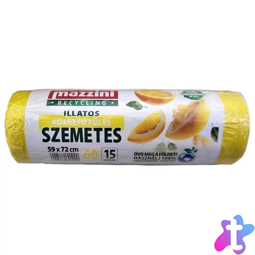 Szemeteszsák, újrahasznosított, köthető füles, illatosított, 60 l, 15 db, 59x72 cm, 13 µ, MAZZINI, citrus illat