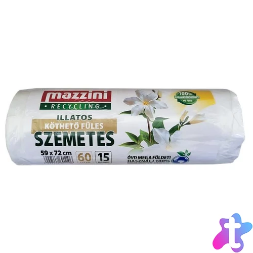 Szemeteszsák, újrahasznosított, köthető füles, illatosított, 60 l, 15 db, 59x72 cm, 13 µ, MAZZINI, virág illat