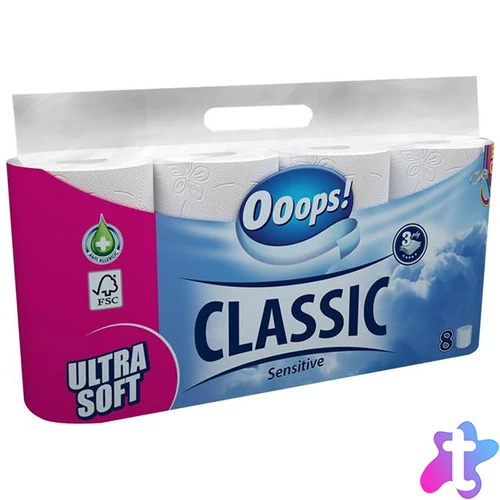 Toalettpapír, 3 rétegű, kistekercses, 8 tekercs, OOOPS "Classic", sensitive