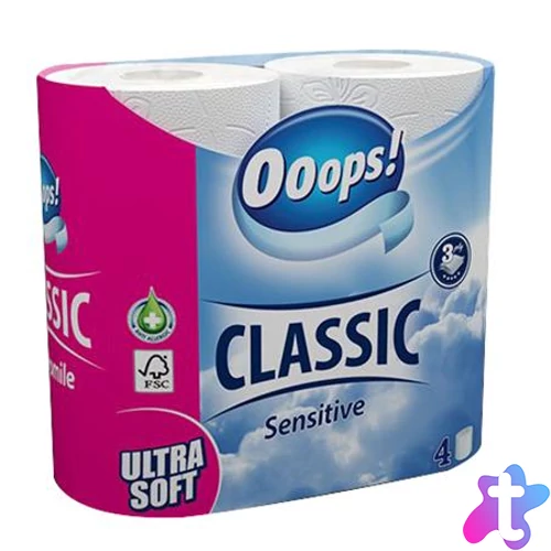 Toalettpapír, 3 rétegű, kistekercses, 4 tekercs, OOOPS "Classic", sensitive