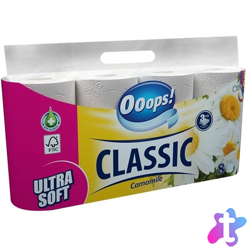 Toalettpapír, 3 rétegű, kistekercses, 8 tekercs, OOOPS "Classic", kamilla