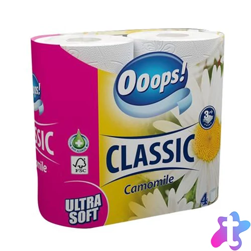 Toalettpapír, 3 rétegű, kistekercses, 4 tekercs, OOOPS "Classic", kamilla