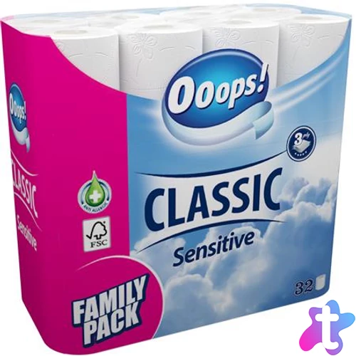 Toalettpapír, 3 rétegű, kistekercses, 32 tekercs, OOOPS "Classic", sensitive