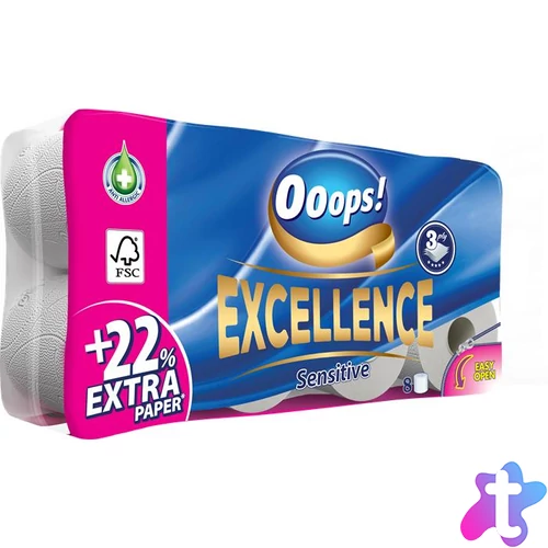 Toalettpapír, 3 rétegű, kistekercses, 8 tekercs, OOOPS "Excellence"