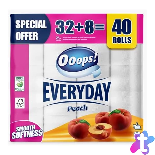 Toalettpapír, 3 rétegű, kistekercses, 32+8 tekercs, OOOPS "Everyday", barack
