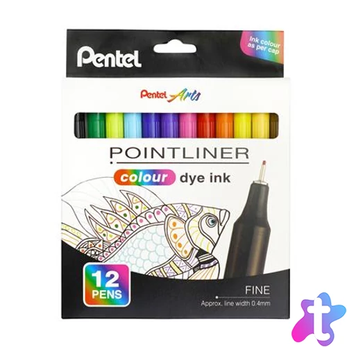 Tűfilc készlet, 0,4 mm, PENTEL "Pointliner", 12 különböző szín
