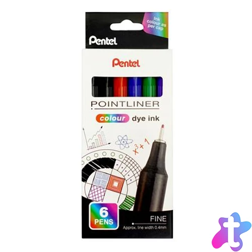 Tűfilc készlet, 0,4 mm, PENTEL "Pointliner", 6 különböző szín
