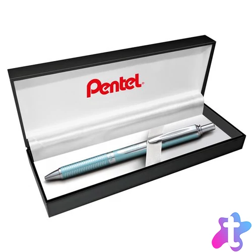 Zseléstoll, 0,35 mm, nyomógombos, aquamarin tolltest, PENTEL "EnerGel BL-407" fekete, ajándék kék tollbetéttel