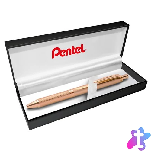 Zseléstoll, 0,35 mm, nyomógombos, rosegold tolltest, PENTEL "EnerGel BL-407" fekete, ajándék kék tollbetéttel