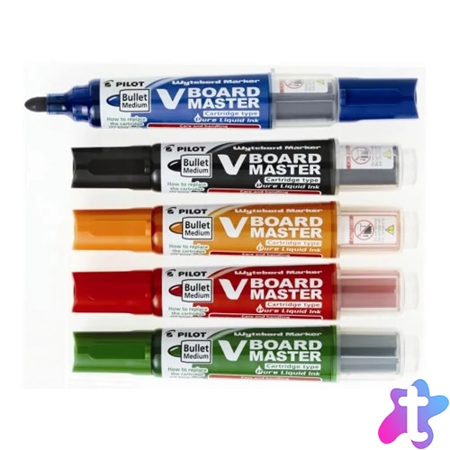 Táblamarker készlet, 2,3 mm, kúpos, tartóval és szivaccsal, PILOT "V-Board Master", 5 különböző szín