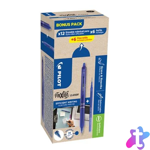 Rollertoll, 0,35 mm, törölhető, nyomógombos, PILOT "Frixion Clicker, Bonus Pack", kék + betét