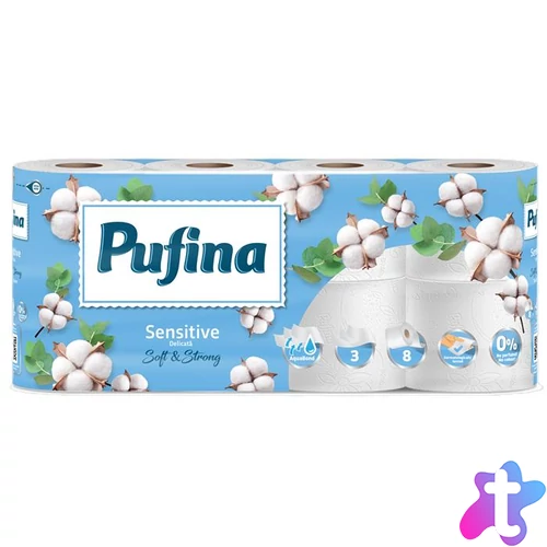 Toalettpapír, 3 rétegű, kistekercses, 8 tekercs, PUFINA "Sensitive Aquabond", illatmentes