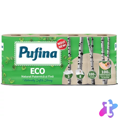 Toalettpapír, 3 rétegű, kistekercses, 8 tekercs, PUFINA "Eco", fehérítetlen és vegyszermentes