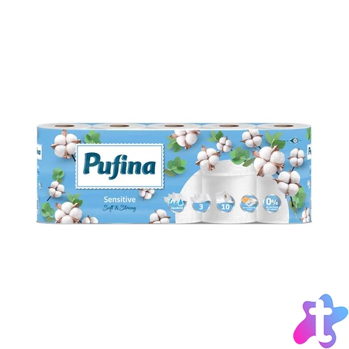 Toalettpapír, 3 rétegű, kistekercses, 10 tekercs, PUFINA "Sensitive Aquabond", illatmentes