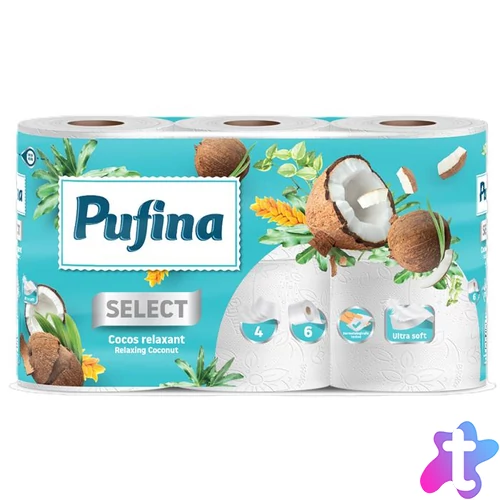 Toalettpapír, 4 rétegű, kistekercses, 6 tekercs, PUFINA "Relaxing Coconut", kókusz illattal
