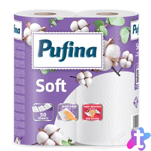 Háztartási papírtörlő, 2 rétegű, 50 lap, 2 tekercses, PUFINA "Soft"