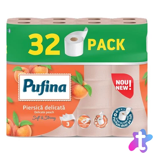 Toalettpapír, 3 rétegű, kistekercses, 32 tekercs, PUFINA "Delicate Peach", barack illattal