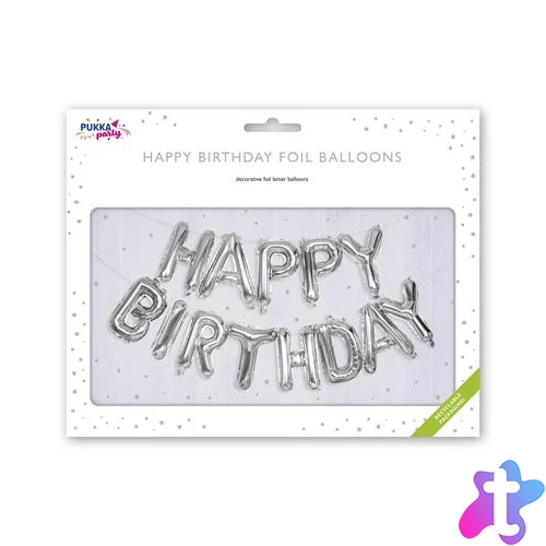 Léggömb, 40 cm, PUKKA PAD "Happy Birthday", ezüst
