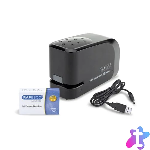 Tűzőgép, 26/6, 15 lap, elemes, USB töltővel, RAPESCO "626EL", fekete