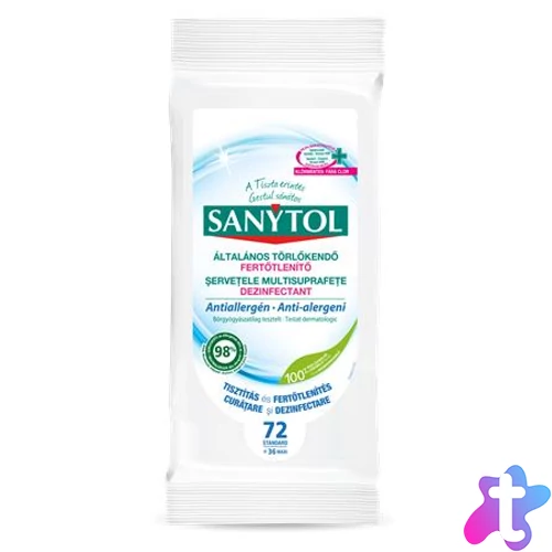 Fertőtlenítő törlőkendő, 36 db maxi/72 db standard, SANYTOL, antiallergén