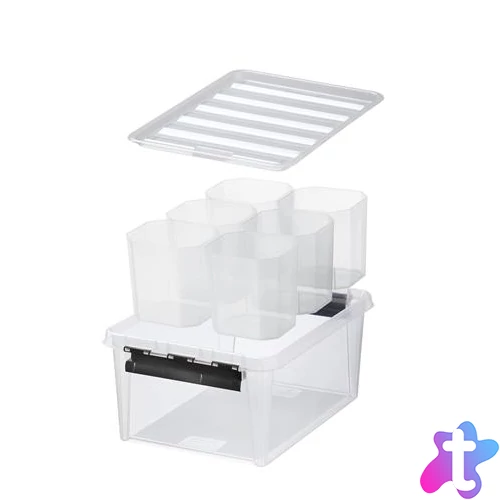 Műanyag tárolódoboz, fekete fogantyúkkal, 6 rekeszes, SMARTSTORE "Classic 15", átlátszó