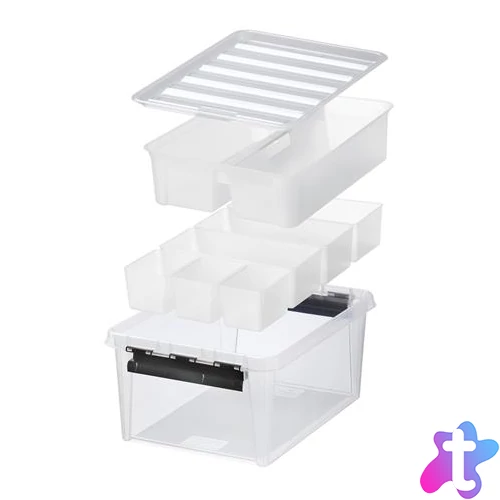Műanyag tárolódoboz, fekete fogantyúkkal, 7 rekeszes, SMARTSTORE "Classic 15", átlátszó