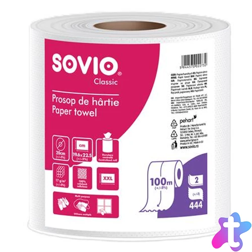 Törlőpapír, tekercses, 100 m, 20 cm átmérő, 2 rétegű, SOVIO, hófehér